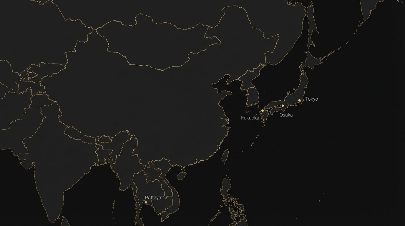 East Asia map showing connection between Tokyo, Japan and Pattaya, Thailand